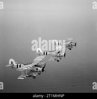 Rakete - bewaffnete Fairey Swordfish auf einem übungsflug von Rnas, St Merryn in Cornwall, 1. August 1944. Drei Rakete Projektil Fairey Swordfish bei einem von St Merryn Royal Naval Air Station Dieses operationelle Geschwader wurde von Lieutenant Commander P Schnee RN geboten. Beachten Sie die Invasion Streifen für die Landung in der Normandie auf dem Flügel und Rumpf des Flugzeugs befördert. Stockfoto