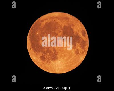 Vollmond über Old Bridge, New Jersey, mit rötlicher Färbung, die durch atmosphärische Verzerrung verursacht wird, kurz nach dem Mondaufgang -23 Stockfoto