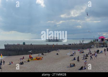 Brighton, Großbritannien - 28. Juni 2014: Brighton Beach mit der Donut Groyne und der Float-Skulptur. Im Hintergrund befinden sich die Überreste des West Pier. Stockfoto