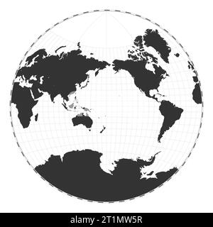 Vektor-Weltkarte. Van der Grinten-Projektion. Einfache geografische Weltkarte mit Breiten- und Längengraden. Zentriert auf 180 Grad Längengrad. Stock Vektor