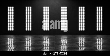 Hangar. Metall. LED-Leuchten. Flutlicht. Garage. Futuristischer Hintergrund. Futuristischer Korridor. Ausstellungsraum. Tunnel. Technologischer Hintergrund. 3D-Rendering Stockfoto