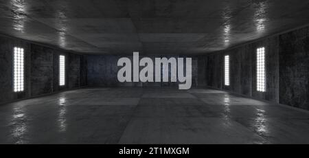 LED-Leuchten. Flutlicht. Garage. Futuristischer Hintergrund. Futuristischer Korridor. Ausstellungsraum. Tunnel. Technologischer Hintergrund. Hangar. Metall. 3D-Rendering Stockfoto