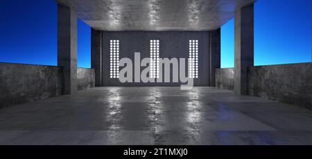 Flutlicht. Garage. Futuristischer Hintergrund. Futuristischer Korridor. Ausstellungsraum. Tunnel. Technologischer Hintergrund. Hangar. Metall. LED-Leuchten. 3D-Rendering Stockfoto