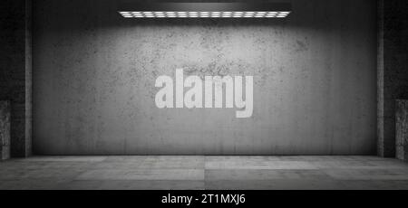 Garage. Futuristischer Hintergrund. Futuristischer Korridor. Ausstellungsraum. Tunnel. Technologischer Hintergrund. Hangar. Metall. LED-Leuchten. Flutlicht. 3D-Rendering Stockfoto