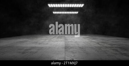 Garage. Futuristischer Korridor. Ausstellungsraum. Tunnel. Technologischer Hintergrund. Hangar. Metall. LED-Leuchten. Flutlicht. Futuristischer Hintergrund. 3D-Rendering Stockfoto