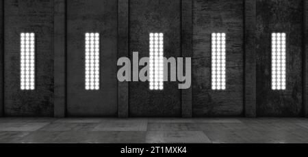 Ausstellungsraum. Tunnel. Technologischer Hintergrund. Hangar. Garage. Futuristischer Korridor. Metall. LED-Leuchten. Flutlicht. Futuristischer Hintergrund. 3D-Rendering Stockfoto