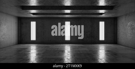 Tunnel. Technologischer Hintergrund. Hangar. Garage. Futuristischer Korridor. Metall. LED-Leuchten. Flutlicht. Futuristischer Hintergrund. Ausstellungsraum. 3D-Rendering Stockfoto