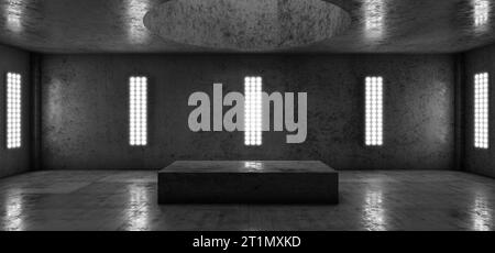 Technologischer Hintergrund. Hangar. Garage. Futuristischer Korridor. Metall. LED-Leuchten. Flutlicht. Futuristischer Hintergrund. Tunnel. Ausstellungsraum. 3D-Rendering Stockfoto