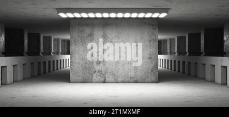 Tunnel. Technologischer Hintergrund. Hangar. Garage. Futuristischer Korridor. Ausstellungsraum. Metall. LED-Leuchten. Flutlicht. Futuristischer Hintergrund. 3D-Rendering Stockfoto