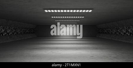 Technologischer Hintergrund. Hangar. Garage. Futuristischer Korridor. Ausstellungsraum. Metall. LED-Leuchten. Flutlicht. Futuristischer Hintergrund. Tunnel. 3D-Rendering Stockfoto