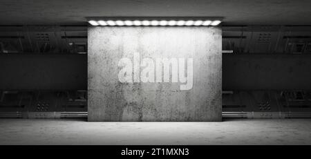 Hangar. Garage. Futuristischer Korridor. Ausstellungsraum. Metall. LED-Leuchten. Flutlicht. Futuristischer Hintergrund. Tunnel. Technologischer Hintergrund. 3D-Rendering Stockfoto