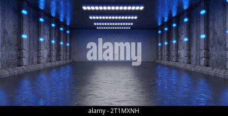 Futuristischer Korridor. Ausstellungsraum. Metall. LED-Leuchten. Flutlicht. Futuristischer Hintergrund. Tunnel. Technologischer Hintergrund. Hangar. Garage. 3D-Rendering Stockfoto