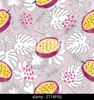 Tropisches Fruchtmuster mit Passionsfrucht und exotischen Blättern. Nahtlose Vektor-Illustration. Stock Vektor