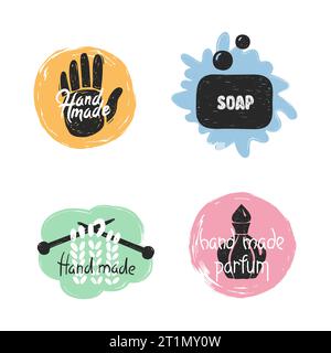 Handgefertigtes Label-Doodle-Set. Stricken, Duft, Seife Logo Vektor Illustration. Stock Vektor