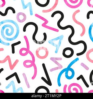 Geometrisches, von Hand gezeichnetes, farbenfrohes nahtloses Muster im memphis-Stil. Abstrakter Vektorhintergrund Stock Vektor