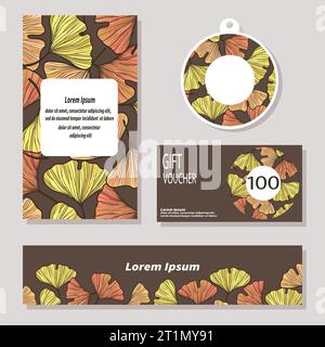 Set aus Flyer, Karte, Etikettenvorlagen mit Ginkgo biloba Blättern Stock Vektor