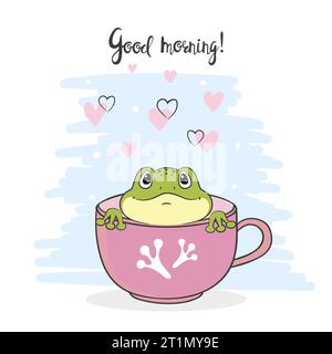 Zeichentrickfrosch Vektor-Illustration. Grüne Kröte im Becher Stock Vektor