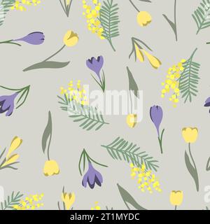 Nahtloser Frühling, Blumenmuster mit Tulpen, Mimosa und Schneetropfen Vektor-floraler Hintergrund Stock Vektor