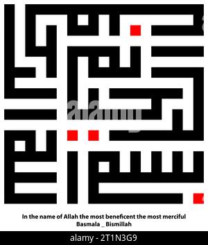 Kufic oder Kufi Islamische Kalligraphie für Basmala Bismillah in Schwarz. Die Kalligraphie mit schwarzen Symbolen schreibt im Namen Allahs des wohlhabendsten, des meisten mir Stockfoto