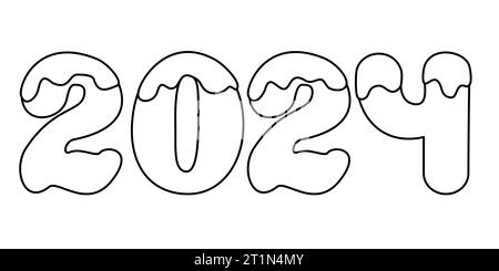 2024 Ein Happy New Year Konzept, Zahlen aus Lebkuchenkeksen mit Glasur, Doodle Stil flache Vektor-Umrissillustration für Kinder Malbuch Stock Vektor