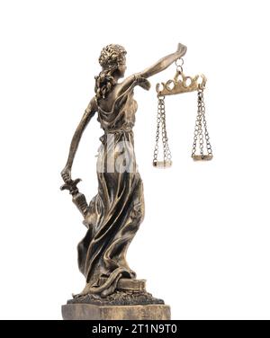 Die Statue von Lady Justice, isoliert auf Weiß. Symbol für faire Behandlung nach dem Gesetz Stockfoto