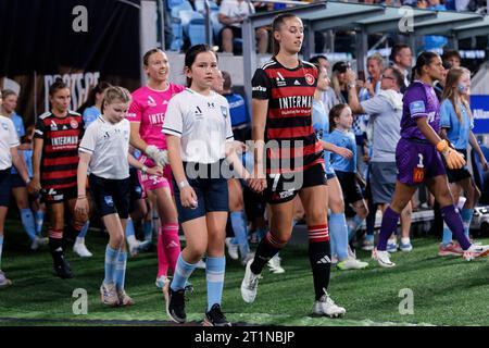 Sydney, Australien. Oktober 2023. Die Western Sydney Wanderers treten am 14. Oktober 2023 in Sydney, Australien, vor der Liberty A-League RD1 zwischen Sydney FC und Western Sydney Wanderers im Allianz Stadium ein. Credit: IOIO IMAGES/Alamy Live News Stockfoto