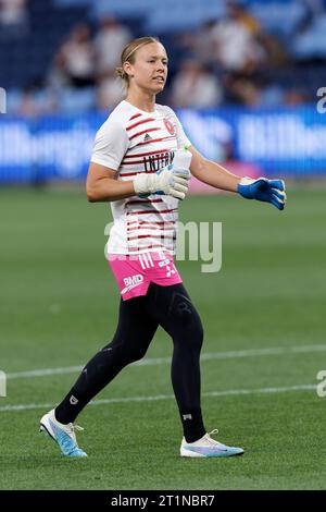 Sydney, Australien. Oktober 2023. Kaylie Collins of the Wanderers wärmt sich vor der Liberty A-League RD1 zwischen Sydney FC und Western Sydney Wanderers im Allianz Stadium am 14. Oktober 2023 in Sydney auf Stockfoto