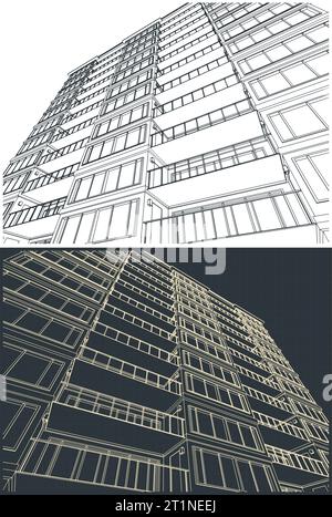 Stilisierte Vektorillustrationen von Bauplänen der Fassade des Mehrfamilienhauses Stock Vektor