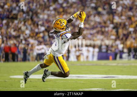 Baton Rouge, LA, USA. Oktober 2023. Aaron Anderson (1) der LSU macht im Tiger Stadium in Baton Rouge, LA, einen Sprung in die NCAA-Football-Action zwischen den Auburn Tigers und den LSU Tigers. Jonathan Mailhes/CSM/Alamy Live News Stockfoto