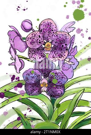 Lila Orchideenblumen mit Blättern Illustration Hand gezeichnetes Aquarell isoliert auf weißem Hintergrund Stockfoto