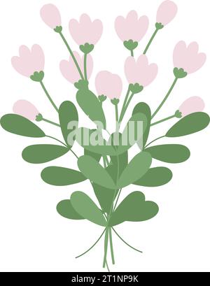Abstrakter Frühlingsstrauß aus Zweigen und Blumen in trendigen, weichen Grün- und Rosa-Tönen. Hallo Frühling. Aufkleber. Symbol. Isolieren. EPS. Vektor für Poster, Plakate, Grußworte oder Einladungen, Preise, Etiketten oder Web Stock Vektor