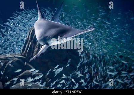 Hammerhai (Sphyrna mokarran) schwimmen im Georgia Aquarium in Atlanta durch eine Schule von falschen Pilchards (Harengula clupeola). (USA) Stockfoto