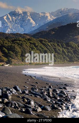 Mangamaunu Strand in der Nähe von Kaikoura mit schneebedeckten Bergen im Hintergrund, Südinsel, Neuseeland Stockfoto