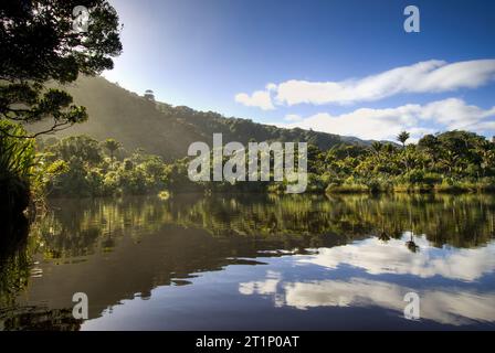 Die Mündung des Kōhaihai River am Anfang oder Ende des Heaphy Track auf Neuseelands Südinsel. Stockfoto