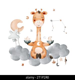 Niedliche Komposition für Kinder mit dem Tierkreiszeichen Libra, Giraffe, Wolke, Sternen, Mond und Sternbild. Zum Drucken, Verpacken, Ansichtskarten, Stockfoto