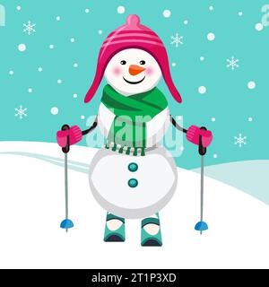 Schneemann auf Skiern im Hintergrund der Winterlandschaft. Vektor-Zeichentrick-Illustration. Stock Vektor