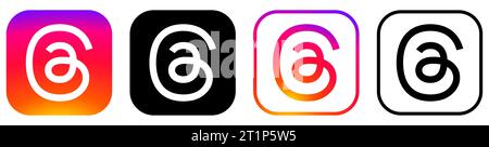 Threads neue App von Instagram. Threads im sozialen Netzwerk. Symbole in Schwarz und Instagram-Farbe. Redaktionelle Illustration isoliert auf weißem Hintergrund Stock Vektor