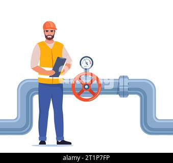 Ingenieur für Arbeitskleidung und Schutzhelm inspizieren Erdöl- oder Wasserleitungen. Ventil und Manometer an der Leitung. Öl-, Gas- oder Wasserindustrie. Vec Stock Vektor