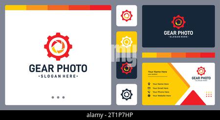 Gear Logo Design Vorlage mit Kameraobjektiv Logo Grafik Vektor Illustration. Symbol, Symbol, Kreativ. Stock Vektor