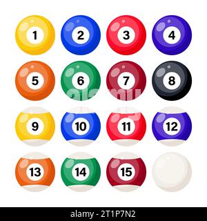 Billard, Billardbälle mit Zahlen, Set. Realistischer Snookerball in Hochglanz. Vektorabbildung Stock Vektor