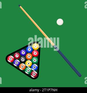 Billard und Billardbälle im Dreieck auf grünem Tisch. Billardbälle, Dreieck und Billardstock zum Spielen auf grünem Tisch. Vektorabbildung Stock Vektor