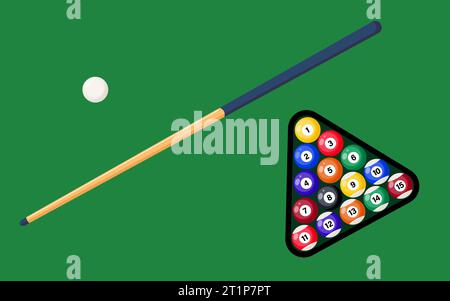 Billard und Billardbälle im Dreieck auf grünem Tisch. Billardbälle, Dreieck und Billardstock zum Spielen auf grünem Tisch. Vektorabbildung Stock Vektor