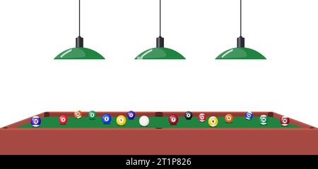Pool Billardtisch und Möbel Set mit Queue mehrfarbig Bälle Lampe Vektor-Illustration Stock Vektor