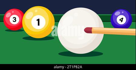 Billardtisch mit Queue Hit Spielball. Billardzimmer. Billardbälle aus nächster Nähe. Snooker oder Billardsport, Bannervorlage. Vektorabbildung Stock Vektor