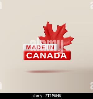 3D-Etikett Made in Canada, mit voluminösem Ahornblatt in kanadischen Flaggenfarben, rot-weiß, isoliertes digitales Emblem Stock Vektor