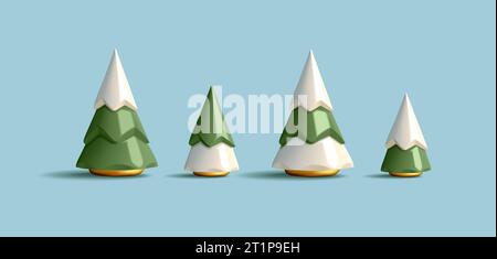 3D-Illustration von Weihnachtsbäumen. Urlaubselemente isoliert. Statuetten mit grünen und weißen kegelförmigen Bäumen und goldenem Stand, isoliertes Set Stock Vektor