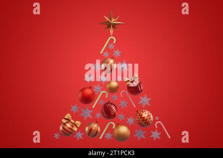Weihnachtsbaumform aus Dekorationen Kugeln Schneeflocken Bonbons auf rotem Hintergrund. 3D-Rendering Stockfoto