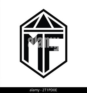 MF Letter Logo Monogramm einfache sechseckige Schildform mit Dreieckskrone isolierte Designvorlage Stockfoto