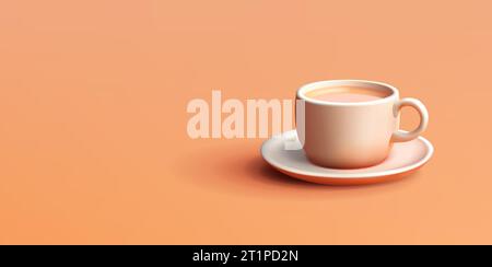 3D-Illustration von Kaffee- oder Teetasse mit Untertasse, Pastellorange Farben, realistischer Zeichentrickstil, isoliert Stock Vektor