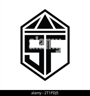 SF Letter Logo Monogramm einfache sechseckige Schildform mit Dreieckskrone isolierte Designvorlage Stockfoto
